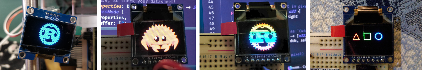 Photographs showing embedded-graphics running on physical display hardware.