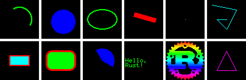 A grid of screenshots showing primitives, text and other items that can be drawn using embedded-graphics.