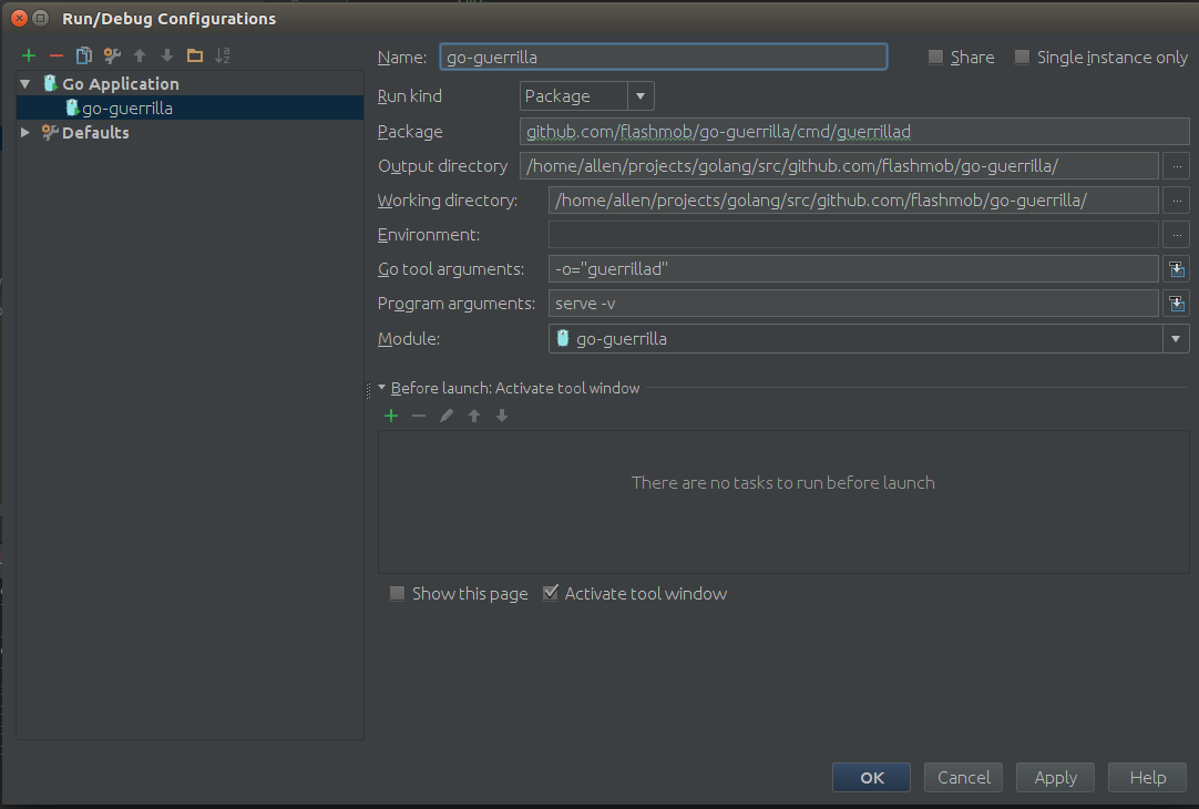 InteliJ Idea debuger config for Golang